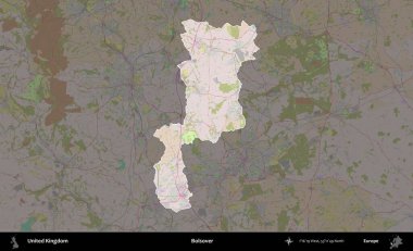 Bolsover. Birleşik Krallık 'ın idari alanı koyu renk bir OpenStreetMap Standart Haritası üzerine vurgulanmış ve özetlenmiştir