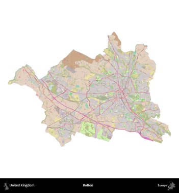Bolton. Birleşik Krallık 'ın idari alanı OpenStreetMap Standart biçim haritasında beyazda izole edildi