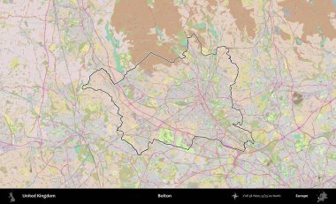 Bolton. Birleşik Krallık 'ın bir OpenStreetMap Standart biçim haritasında özetlenmiş idari alanı