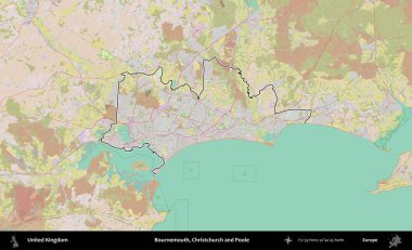 Bournemouth, Christchurch ve Poole. Birleşik Krallık 'ın bir OpenStreetMap Standart biçim haritasında özetlenmiş idari alanı