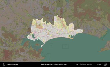 Bournemouth, Christchurch ve Poole. Birleşik Krallık 'ın idari alanı koyu renk bir OpenStreetMap Standart Haritası üzerine vurgulanmış ve özetlenmiştir