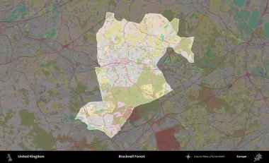 Bracknell Ormanı. Birleşik Krallık 'ın idari alanı koyu renk bir OpenStreetMap Standart Haritası üzerine vurgulanmış ve özetlenmiştir