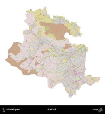 Bradford. Birleşik Krallık 'ın idari alanı OpenStreetMap Standart biçim haritasında beyazda izole edildi