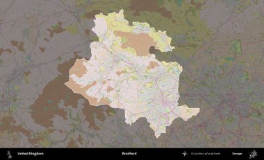 Bradford. Birleşik Krallık 'ın idari alanı koyu renk bir OpenStreetMap Standart Haritası üzerine vurgulanmış ve özetlenmiştir