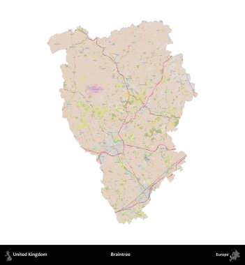 Braintree. Birleşik Krallık 'ın idari alanı OpenStreetMap Standart biçim haritasında beyazda izole edildi