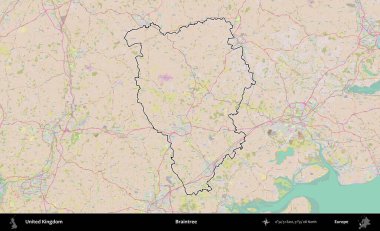 Braintree. Birleşik Krallık 'ın bir OpenStreetMap Standart biçim haritasında özetlenmiş idari alanı
