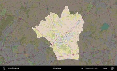 Brentwood 'da. Birleşik Krallık 'ın idari alanı koyu renk bir OpenStreetMap Standart Haritası üzerine vurgulanmış ve özetlenmiştir