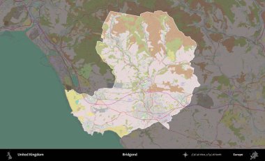 Bridgend. Birleşik Krallık 'ın idari alanı koyu renk bir OpenStreetMap Standart Haritası üzerine vurgulanmış ve özetlenmiştir