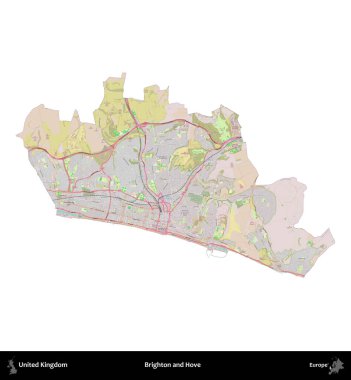 Brighton ve Hove. Birleşik Krallık 'ın idari alanı OpenStreetMap Standart biçim haritasında beyazda izole edildi