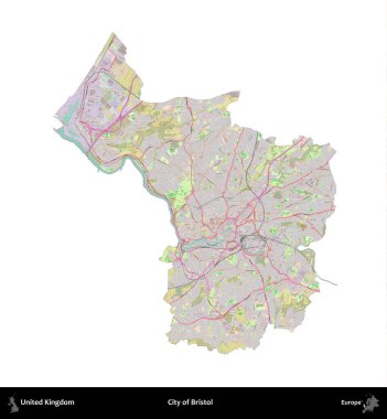 Bristol şehri. Birleşik Krallık 'ın idari alanı OpenStreetMap Standart biçim haritasında beyazda izole edildi