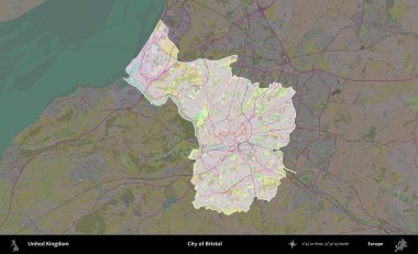 Bristol şehri. Birleşik Krallık 'ın idari alanı koyu renk bir OpenStreetMap Standart Haritası üzerine vurgulanmış ve özetlenmiştir