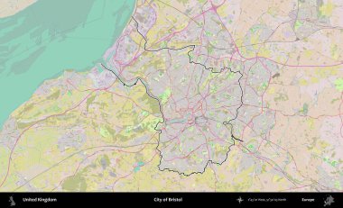 Bristol şehri. Birleşik Krallık 'ın bir OpenStreetMap Standart biçim haritasında özetlenmiş idari alanı