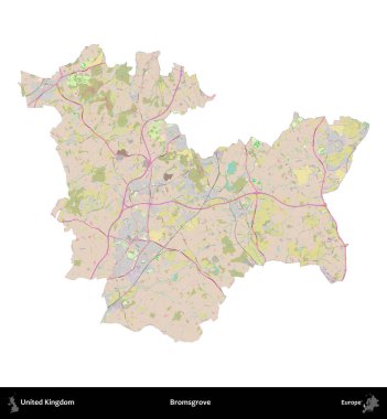 Bromsgrove 'da. Birleşik Krallık 'ın idari alanı OpenStreetMap Standart biçim haritasında beyazda izole edildi