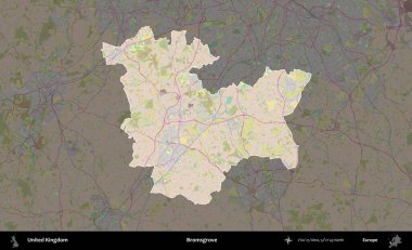 Bromsgrove 'da. Birleşik Krallık 'ın idari alanı koyu renk bir OpenStreetMap Standart Haritası üzerine vurgulanmış ve özetlenmiştir