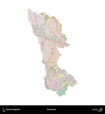 Broxtowe. Birleşik Krallık 'ın idari alanı OpenStreetMap Standart biçim haritasında beyazda izole edildi
