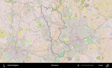 Broxtowe. Birleşik Krallık 'ın bir OpenStreetMap Standart biçim haritasında özetlenmiş idari alanı