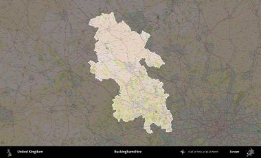 Buckinghamshire 'da. Birleşik Krallık 'ın idari alanı koyu renk bir OpenStreetMap Standart Haritası üzerine vurgulanmış ve özetlenmiştir