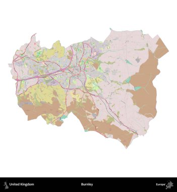 Burnley. Birleşik Krallık 'ın idari alanı OpenStreetMap Standart biçim haritasında beyazda izole edildi