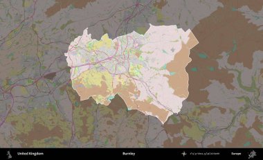 Burnley. Birleşik Krallık 'ın idari alanı koyu renk bir OpenStreetMap Standart Haritası üzerine vurgulanmış ve özetlenmiştir