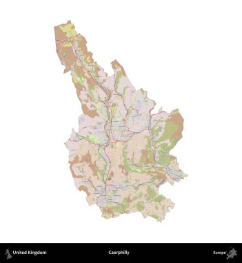 Caerphilly 'de. Birleşik Krallık 'ın idari alanı OpenStreetMap Standart biçim haritasında beyazda izole edildi