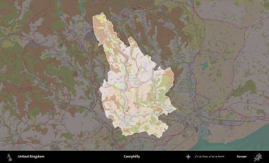 Caerphilly 'de. Birleşik Krallık 'ın idari alanı koyu renk bir OpenStreetMap Standart Haritası üzerine vurgulanmış ve özetlenmiştir