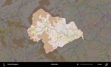 Calderdale 'de. Birleşik Krallık 'ın idari alanı koyu renk bir OpenStreetMap Standart Haritası üzerine vurgulanmış ve özetlenmiştir