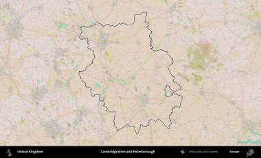 Cambridgeshire ve Peterborough. Birleşik Krallık 'ın bir OpenStreetMap Standart biçim haritasında özetlenmiş idari alanı