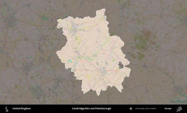 Cambridgeshire ve Peterborough. Birleşik Krallık 'ın idari alanı koyu renk bir OpenStreetMap Standart Haritası üzerine vurgulanmış ve özetlenmiştir