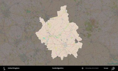 Cambridgeshire. Birleşik Krallık 'ın idari alanı koyu renk bir OpenStreetMap Standart Haritası üzerine vurgulanmış ve özetlenmiştir