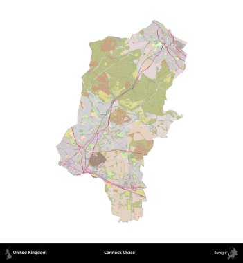 Cannock Chase. Birleşik Krallık 'ın idari alanı OpenStreetMap Standart biçim haritasında beyazda izole edildi