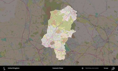 Cannock Chase. Birleşik Krallık 'ın idari alanı koyu renk bir OpenStreetMap Standart Haritası üzerine vurgulanmış ve özetlenmiştir