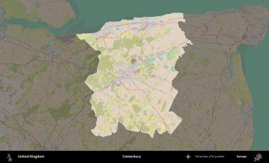 Canterbury 'de. Birleşik Krallık 'ın idari alanı koyu renk bir OpenStreetMap Standart Haritası üzerine vurgulanmış ve özetlenmiştir