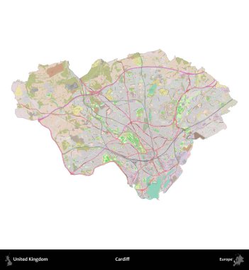 Cardiff. Birleşik Krallık 'ın idari alanı OpenStreetMap Standart biçim haritasında beyazda izole edildi