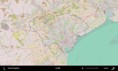 Cardiff. Birleşik Krallık 'ın bir OpenStreetMap Standart biçim haritasında özetlenmiş idari alanı