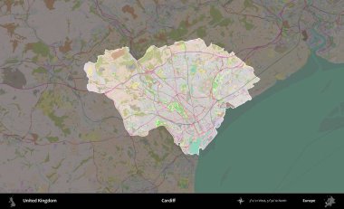 Cardiff. Birleşik Krallık 'ın idari alanı koyu renk bir OpenStreetMap Standart Haritası üzerine vurgulanmış ve özetlenmiştir
