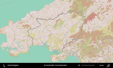 Sör Gaerfyrddin / Carmarthenshire. Birleşik Krallık 'ın bir OpenStreetMap Standart biçim haritasında özetlenmiş idari alanı