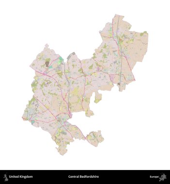 Bedfordshire Merkez. Birleşik Krallık 'ın idari alanı OpenStreetMap Standart biçim haritasında beyazda izole edildi