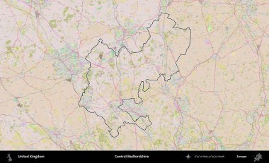Bedfordshire Merkez. Birleşik Krallık 'ın bir OpenStreetMap Standart biçim haritasında özetlenmiş idari alanı