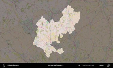 Bedfordshire Merkez. Birleşik Krallık 'ın idari alanı koyu renk bir OpenStreetMap Standart Haritası üzerine vurgulanmış ve özetlenmiştir