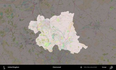 Charnwood 'da. Birleşik Krallık 'ın idari alanı koyu renk bir OpenStreetMap Standart Haritası üzerine vurgulanmış ve özetlenmiştir