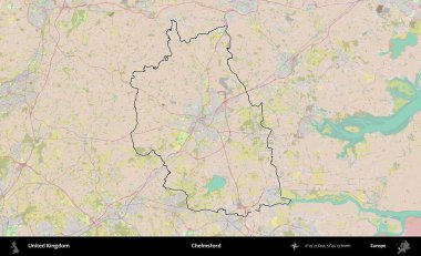 Chelmsford 'da. Birleşik Krallık 'ın bir OpenStreetMap Standart biçim haritasında özetlenmiş idari alanı