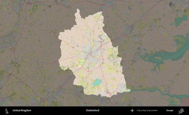 Chelmsford 'da. Birleşik Krallık 'ın idari alanı koyu renk bir OpenStreetMap Standart Haritası üzerine vurgulanmış ve özetlenmiştir
