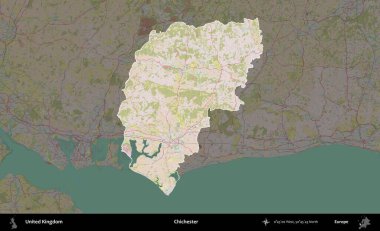Chichester. Birleşik Krallık 'ın idari alanı koyu renk bir OpenStreetMap Standart Haritası üzerine vurgulanmış ve özetlenmiştir