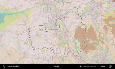 Chorley. Birleşik Krallık 'ın bir OpenStreetMap Standart biçim haritasında özetlenmiş idari alanı