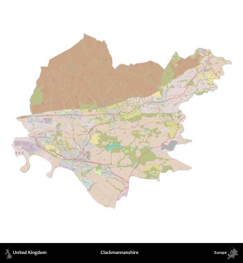 Clackmannanshire. Birleşik Krallık 'ın idari alanı OpenStreetMap Standart biçim haritasında beyazda izole edildi
