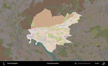 Clackmannanshire. Birleşik Krallık 'ın idari alanı koyu renk bir OpenStreetMap Standart Haritası üzerine vurgulanmış ve özetlenmiştir