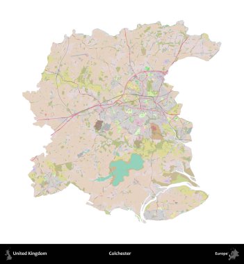 Colchester 'da. Birleşik Krallık 'ın idari alanı OpenStreetMap Standart biçim haritasında beyazda izole edildi