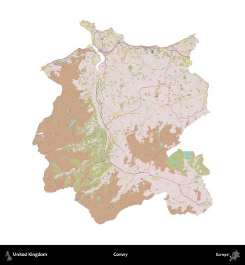 Conwy. Birleşik Krallık 'ın idari alanı OpenStreetMap Standart biçim haritasında beyazda izole edildi