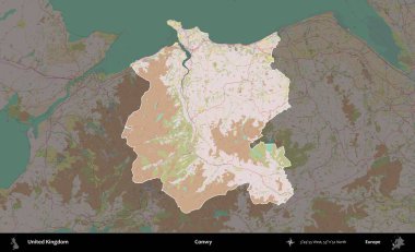 Conwy. Birleşik Krallık 'ın idari alanı koyu renk bir OpenStreetMap Standart Haritası üzerine vurgulanmış ve özetlenmiştir