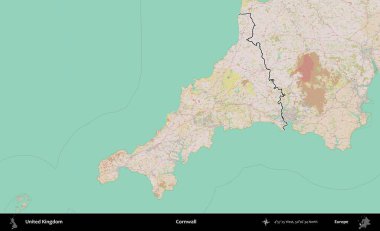Cornwall 'da. Birleşik Krallık 'ın bir OpenStreetMap Standart biçim haritasında özetlenmiş idari alanı